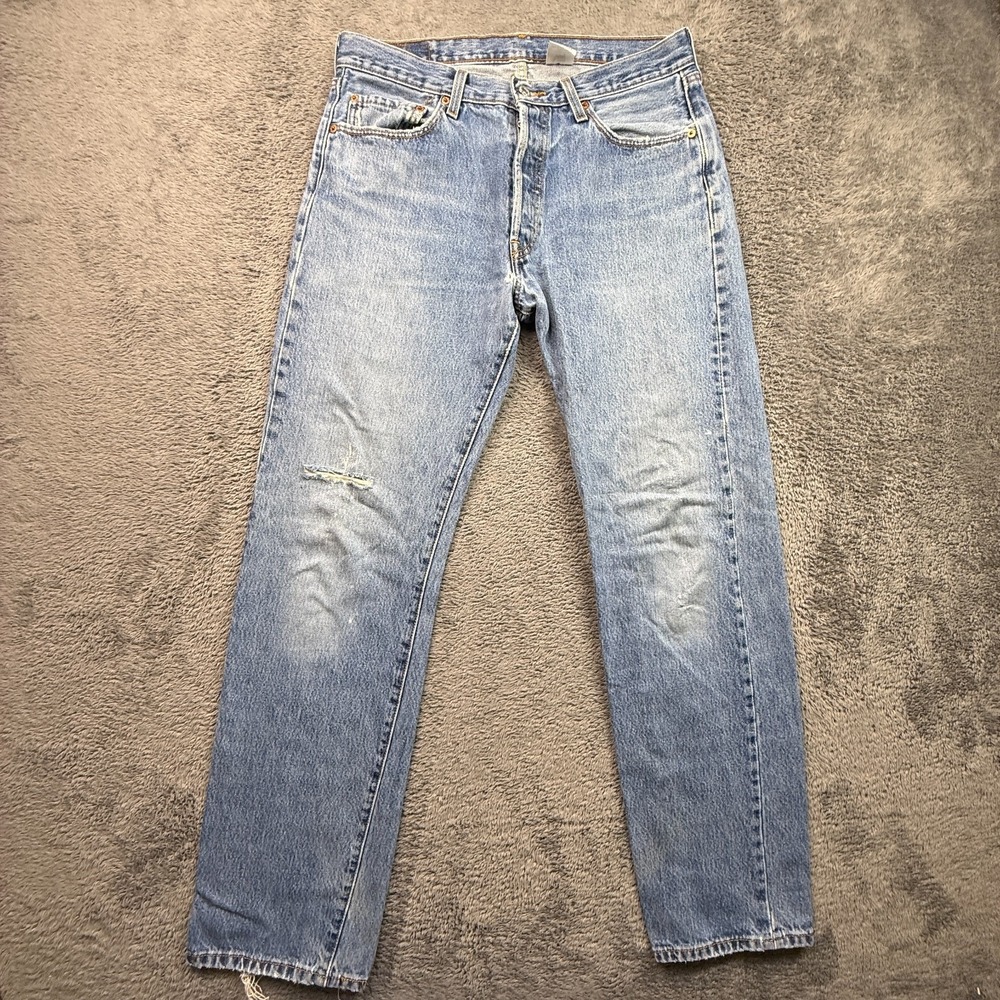 Y2K Vintage Levis 501 Jeans Mens 34x34 Distressed Light Wash Denim Button Fly